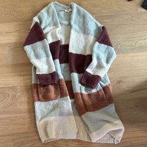 Long Fuzzy and Soft Colorblock Cardigan